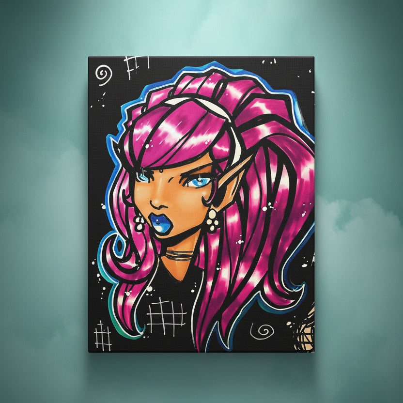 Colorful illustration of a character with pink hair and blue eyes on a black background