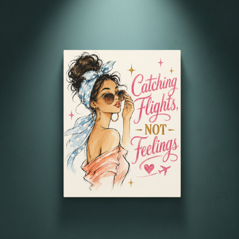 A vertical art print featuring an illustration of a woman with her hair in a high bun, wearing a blue patterned headscarf and sunglasses, next to the hand-lettered quote 'Catching Flights, NOT Feelings' on a cream background.
