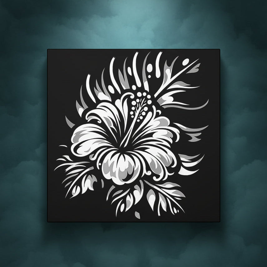 A square black art print or canvas featuring a stylized white hibiscus flower with gray shading, centered on a white background.