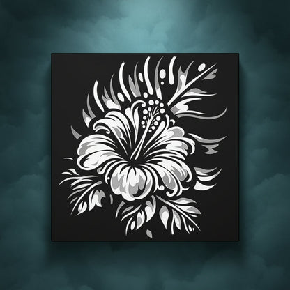 A square black art print or canvas featuring a stylized white hibiscus flower with gray shading, centered on a white background.