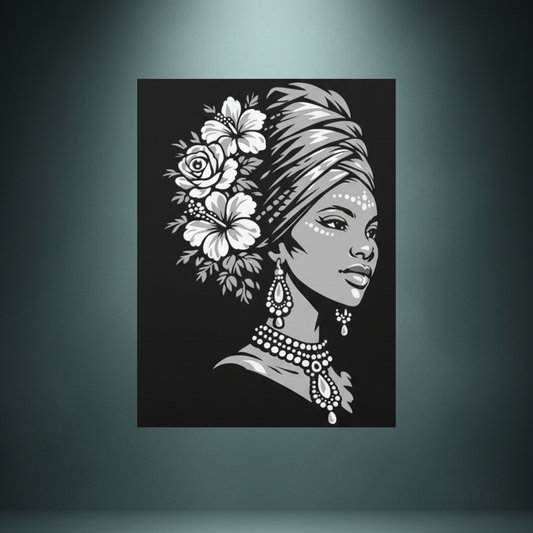 Black and white rhinestone canvas art of a regal woman in profile wearing an elegant head wrap adorned with hibiscus and rose blooms, delicate facial jewels, ornate drop earrings, and a beaded necklace, mounted on a gallery-wrapped matte canvas with a deep black background.