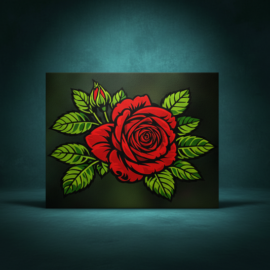 Ready to rhinestone floral canvas featuring a bold red rose in full bloom with green leaves and rosebuds on a dark background, displayed as wall art.