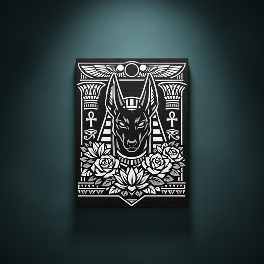 Black and white rhinestone canvas art of Anubis, the Egyptian jackal-headed god, centered beneath a winged sun disc flanked by ornate columns, ankh symbols, and Eyes of Ra, with bold roses and a lotus bloom below, mounted on a gallery-wrapped matte canvas with a deep black background.