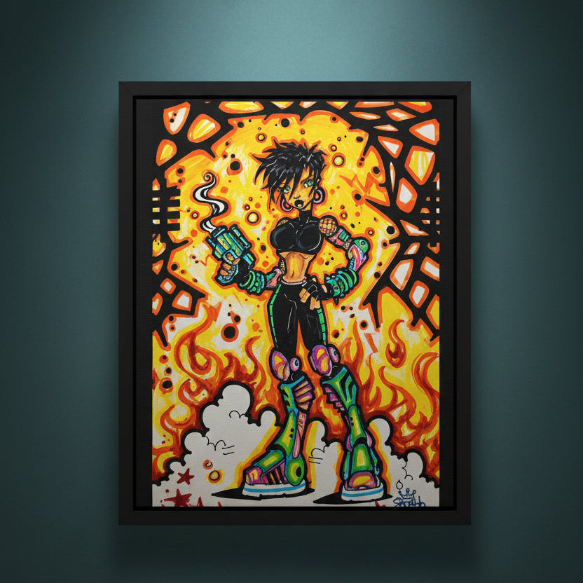 Colorful artwork of a character with fiery background