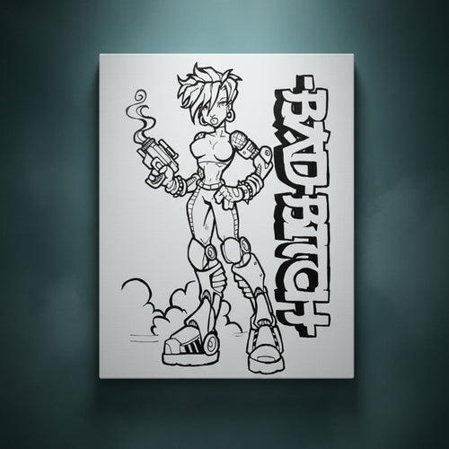Black and white illustration of a character holding a gun with 'BAD BITCH' text on a white background