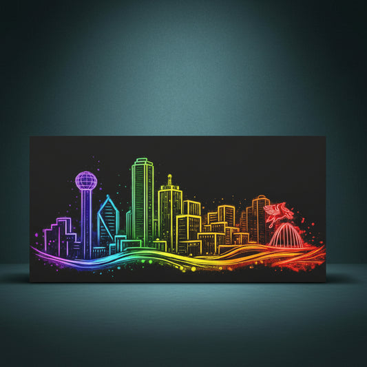 Dallas Skyline ready to rhinestone canvas featuring Reunion Tower and city skyline silhouette on a deep black background, horizontal format
