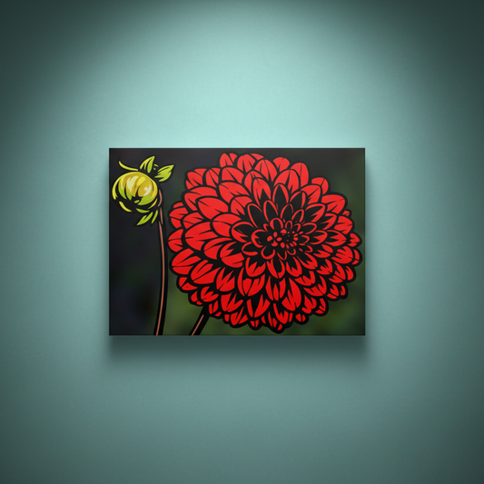 Ready to rhinestone canvas depicting Mexico's national flower, the Dahlia pinnata, in a graphic illustration style. A large, deeply detailed crimson dahlia bloom dominates the right side of the canvas, its hundreds of layered petals spiraling outward from a near-black center. A single small yellow-green bud on a slender brown stem stands to the upper left, contrasting delicately against the dark teal and black blurred background.