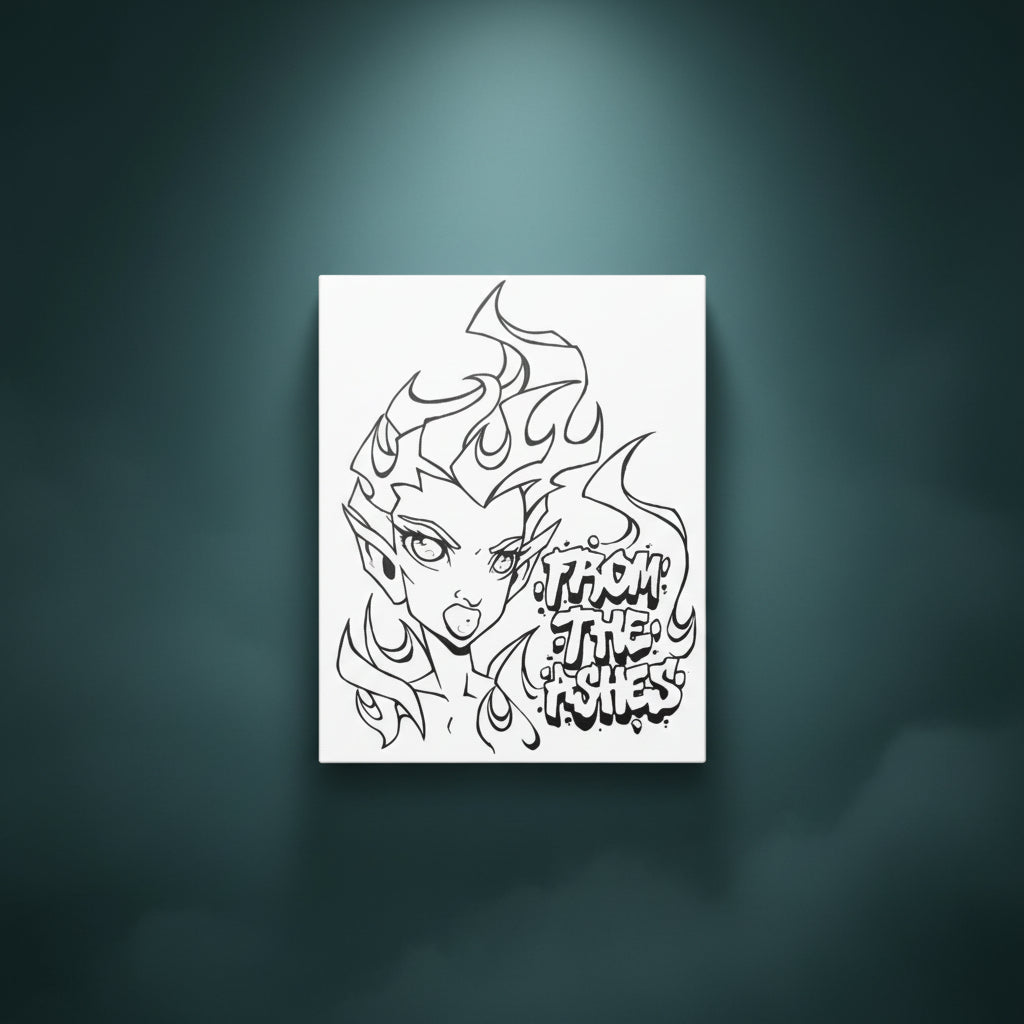 Black and white line art of a stylized character with flame-like hair and text on a white background