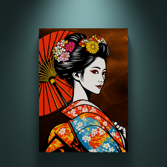 Rhinestone canvas of a geisha named Hanako, shown from behind glancing over her shoulder, wearing a colorful floral kimono and holding a red parasol, with flowers in her hair against a warm amber background