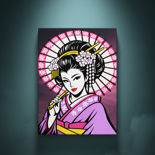 Rhinestone canvas art of a geisha holding a pink and white cherry blossom parasol, wearing a lavender kimono with white sakura details and a magenta obi with gold accents. Her black upswept hair is adorned with pink sakura blooms, gold hair sticks, and dangling pearl kanzashi. Set against a soft blush pink background. Bold graphic linework with a pop-art illustration style.