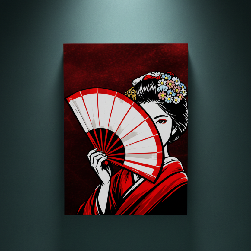 Rhinestone Canvas of a Japanese geisha in a red kimono holding a bold red and white fan partially covering her face, with colorful floral hair ornaments against a deep crimson background.