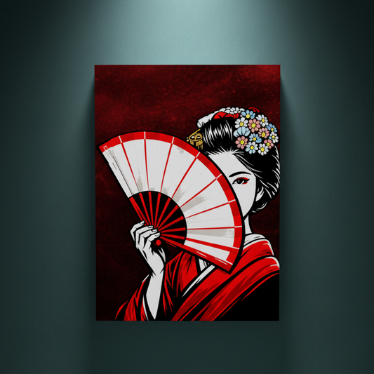 Rhinestone Canvas of a Japanese geisha in a red kimono holding a bold red and white fan partially covering her face, with colorful floral hair ornaments against a deep crimson background.