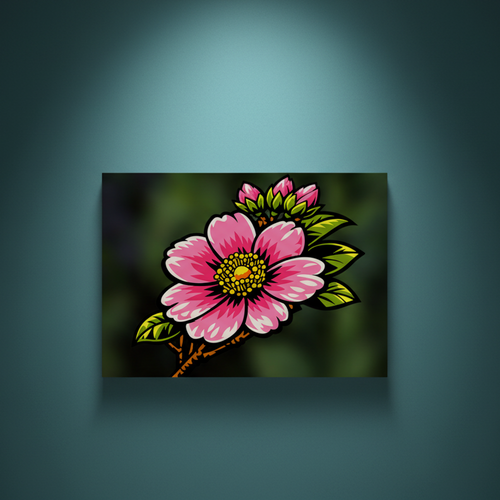 Pink La Quisqueyana flower rhinestone canvas design featuring a bold tropical bloom with layered petals, yellow center, and green leaves on a dark blurred background, ready to rhinestone