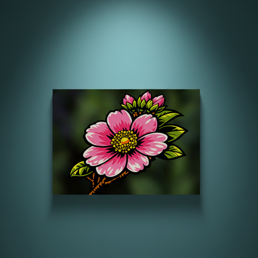 Pink La Quisqueyana flower rhinestone canvas design featuring a bold tropical bloom with layered petals, yellow center, and green leaves on a dark blurred background, ready to rhinestone