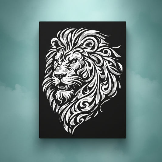 Black and white rhinestone canvas art of a majestic lion head in profile with a bold, flowing mane rendered in intricate tribal scrollwork detailing, mounted on a gallery-wrapped matte canvas with a deep black background.