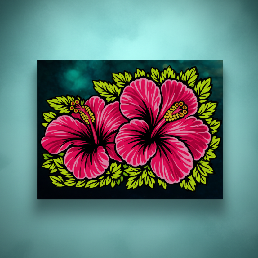 Maga en Flor ready to rhinestone canvas featuring two vibrant pink Puerto Rican maga flowers with tropical green leaves on a dark teal background