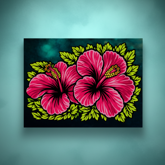 Maga en Flor ready to rhinestone canvas featuring two vibrant pink Puerto Rican maga flowers with tropical green leaves on a dark teal background