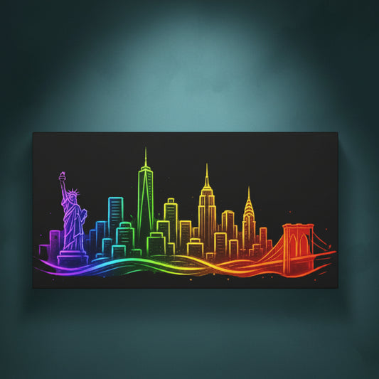 New York City Skyline ready to rhinestone canvas featuring the Empire State Building and Manhattan silhouette on a deep black background, 20x10 horizontal format