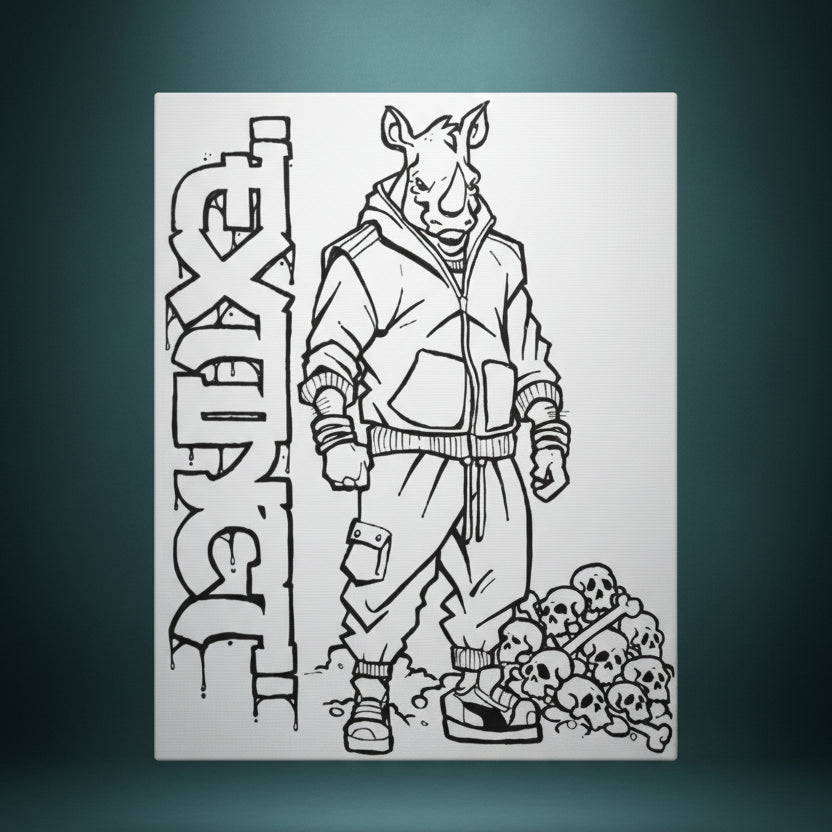 Black and white illustration of a character in a hoodie standing next to a tombstone with 'EXE' text.