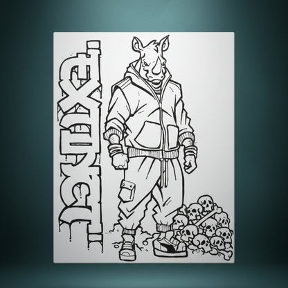 Black and white illustration of a character in a hoodie standing next to a tombstone with 'EXE' text.