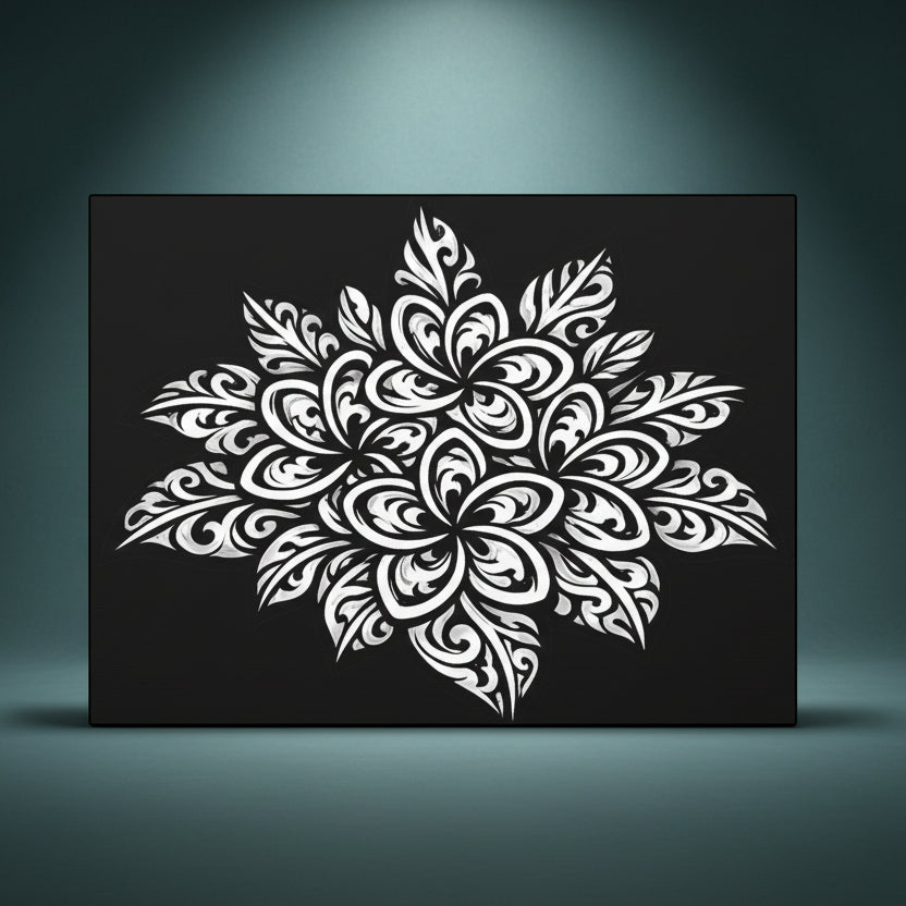 Black and white rhinestone canvas art of a bold tribal peony mandala with sweeping petal layers and intricate scrollwork detailing, mounted on a gallery-wrapped matte canvas with a deep black background.