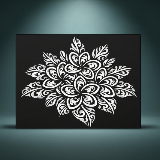 Black and white rhinestone canvas art of a bold tribal peony mandala with sweeping petal layers and intricate scrollwork detailing, mounted on a gallery-wrapped matte canvas with a deep black background.