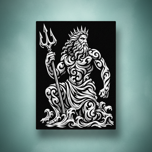 Black and white rhinestone canvas art of Poseidon, god of the sea, seated on crashing tribal waves with a crown on his head and trident raised, rendered in bold flowing scrollwork detailing, mounted on a gallery-wrapped matte canvas with a deep black background.