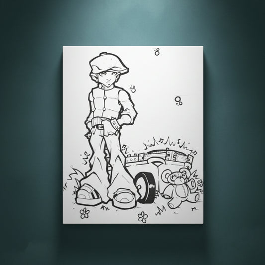 Black and white illustration of a boy with a teddy bear and a turntable on a white background