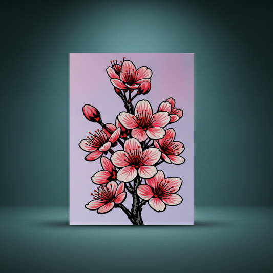Sakura cherry blossom ready-to-rhinestone canvas with pink and blush sakura blooms, deep rose stamens, and buds on a soft lavender gradient background