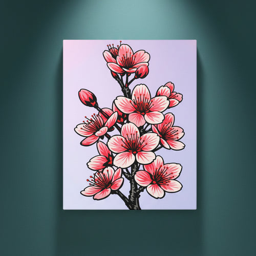 Sakura cherry blossom ready-to-rhinestone canvas with pink and blush sakura blooms, deep rose stamens, and buds on a soft lavender gradient background