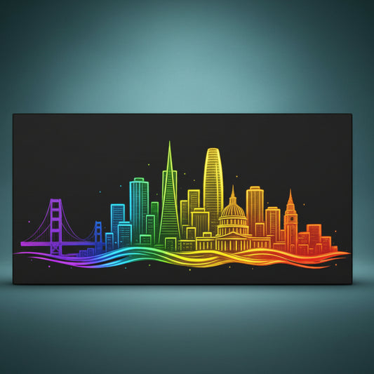 San Francisco Skyline ready to rhinestone canvas featuring the Golden Gate Bridge and Bay Area silhouette on a deep black background, 20x10 horizontal format