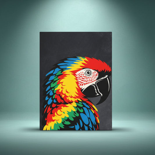 Scarlet macaw rhinestone canvas art featuring bold red yellow blue and green tropical parrot portrait on deep black background, 12x16 gallery wrapped matte canvas