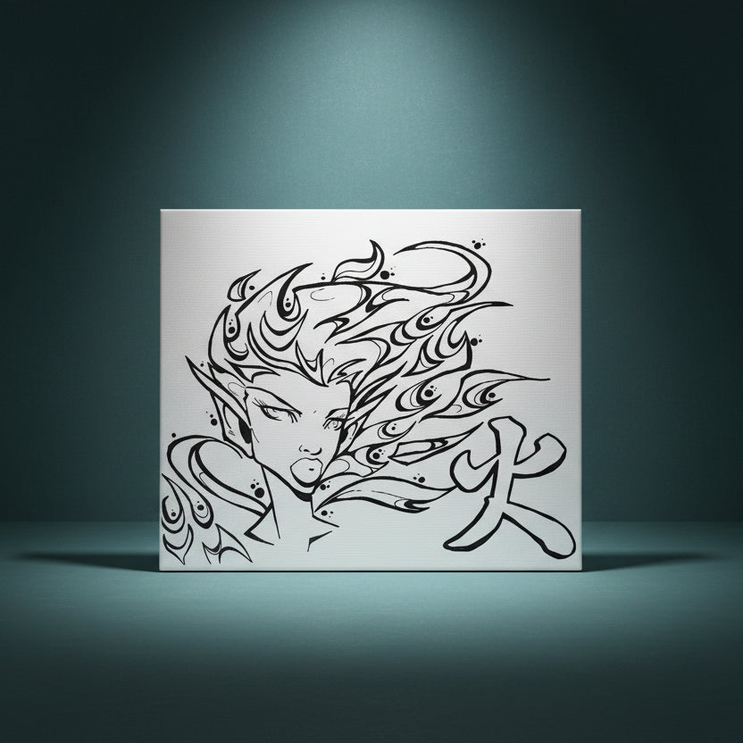 Black and white illustration of a firey woman with stylized hair and a banner on a white background