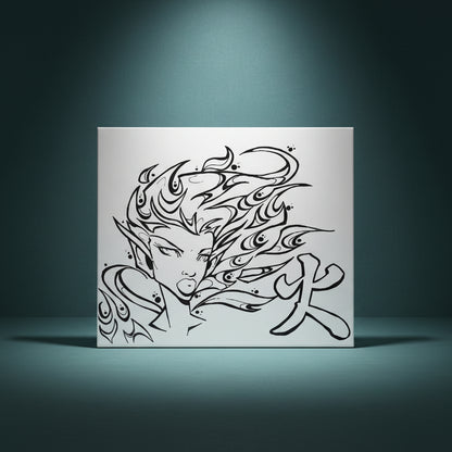 Black and white illustration of a firey woman with stylized hair and a banner on a white background