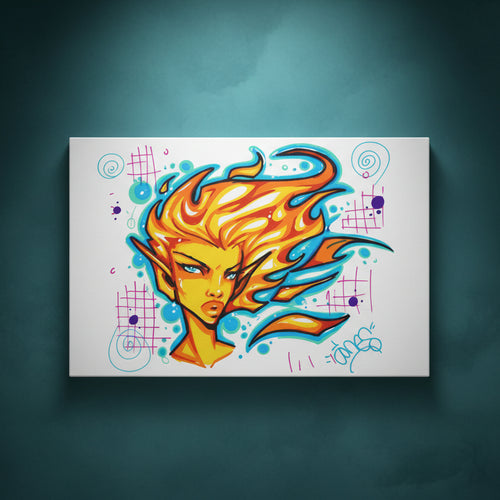 Colorful illustration of a fantasy character with flame-like hair on a white background