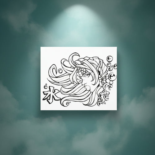 Black and white illustration of a mermaid with flowing hair and bubbles on a white background