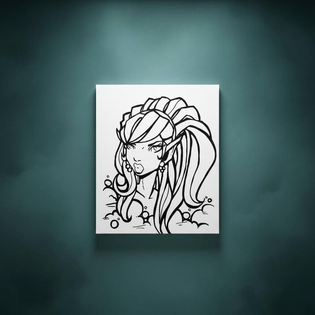Black and white line drawing of a fantasy character with long hair and a headband.