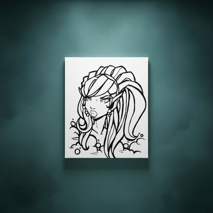 Black and white line drawing of a fantasy character with long hair and a headband.