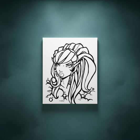 Black and white line drawing of a fantasy character with long hair and a headband.