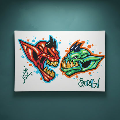 Colorful tattoo designs of a red and green creature facing each other on a white background on a ready to rhinestone canvas.