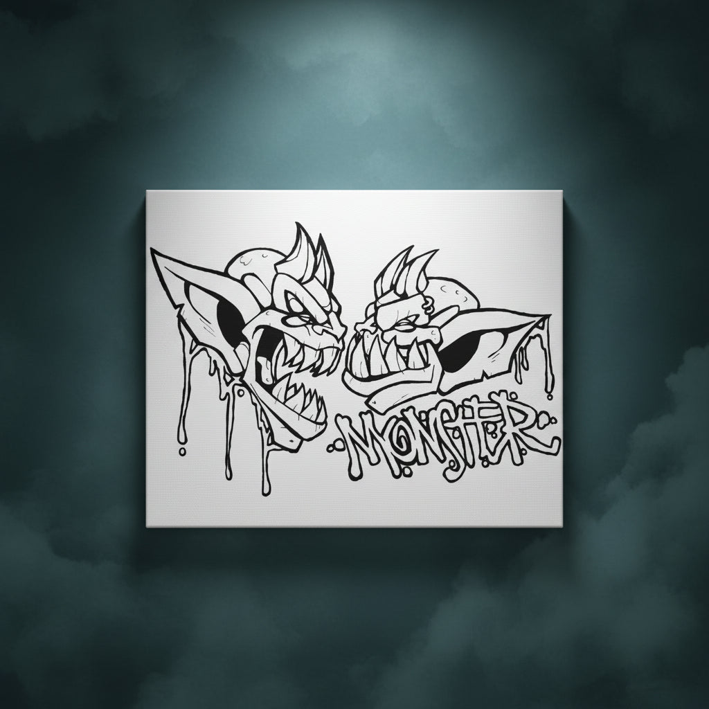 Black and white illustration of two angry monster faces with the word 'Monster' below them.