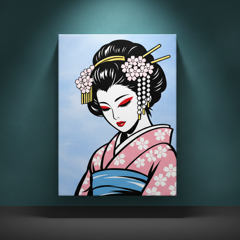 Rhinestone canvas art of a geisha in three-quarter view, eyes downcast, wearing a blush pink kimono adorned with white cherry blossoms and a powder blue obi. Her black upswept hair is decorated with pink sakura flowers, gold hair sticks, and dangling pearl kanzashi. The background is a soft sky blue. Bold graphic linework with a pop-art illustration style.
