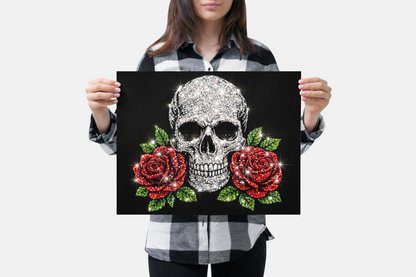 AI Generated skull and red roses rhinestone canvas sparkling with crystals across bold black and white skull and vivid crimson blooms against deep black background